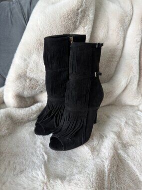 Worn Once! Gucci Black Suede Ankle Booties Open Toe Fringe Leather Boots